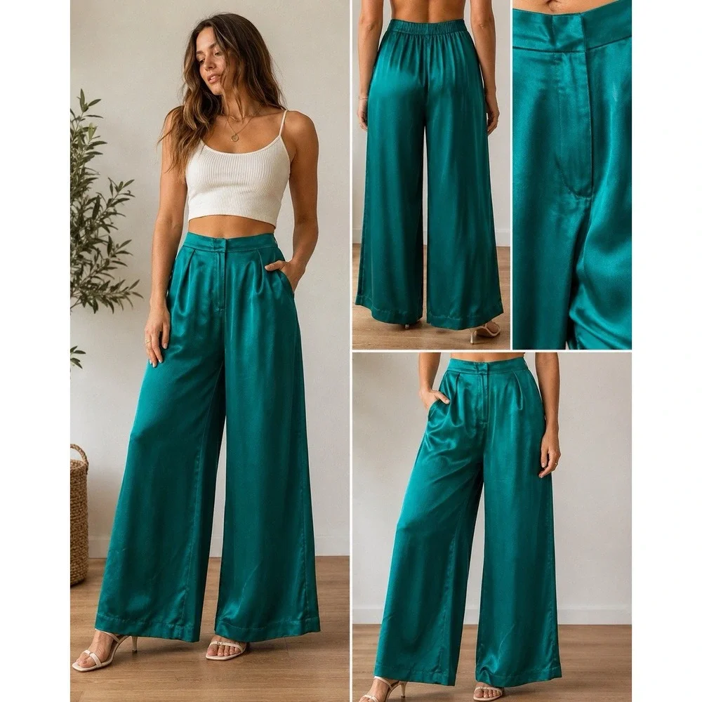 💚Free People Satin Palazzo Pants L Emerald Green Wide Leg High Rise Viscose